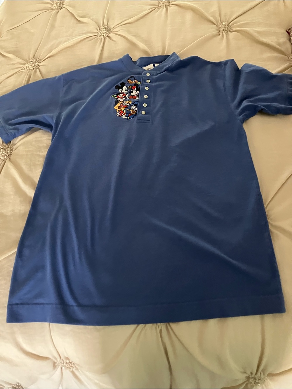 vintage  unisex Disney Blue Henley Tee with Mickey, Minnie & Pluto Embroidery